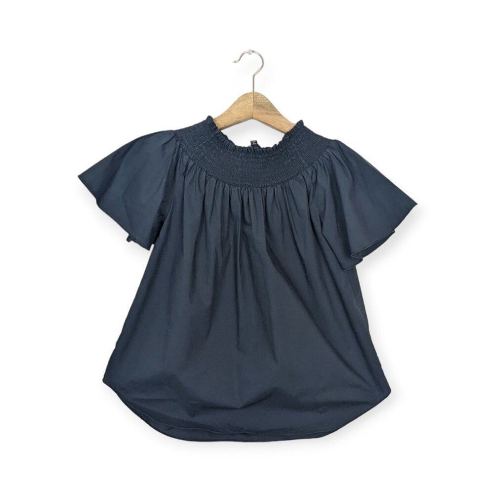 Central Park West Black Smocked Off Shoulder Short Sleeve Top